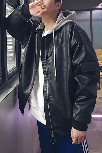 Δερμάτινο σακάκι για άντρες άνοιξη-φθινόπωρο με κουκούλα σε μαύρο και μπεζ χρώμα