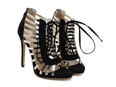 Екстравагантни дамски сандали с кожени кашки и връзки в черен и червен цвят