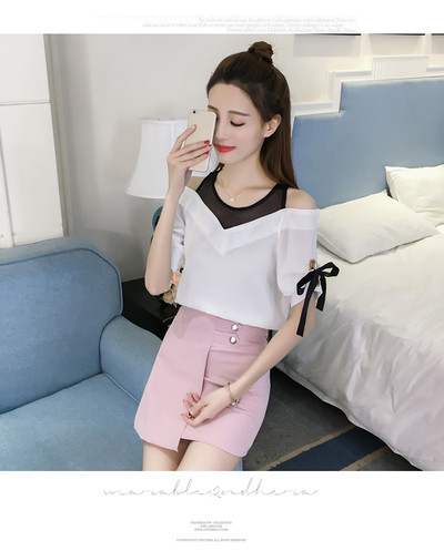 Μοντέρνο γυναικείο πουκάμισο με πτώση ώμων και  κορδέλες στα μανίκια