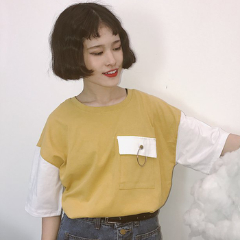 Разноцветна дамска широка тениска с халка и джоб