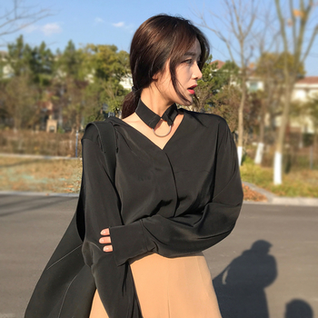 Κομψή γυναικεία μεταξωτό πουκάμισο με μακριά μανίκια σε δύο χρώματα