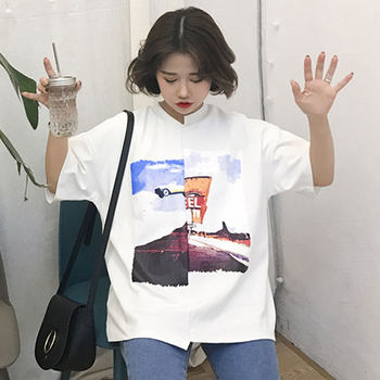 Екстравагантна дамска широка тениска с къс ръкав и апликация в два цвята