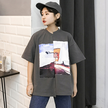 Екстравагантна дамска широка тениска с къс ръкав и апликация в два цвята