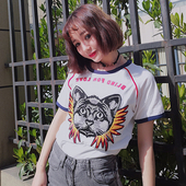 μπλούζα καθημερινές γυναίκες με κοντά μανίκια και απλικέ γατάκι