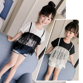 Много интересна тениска за момичета с пришита дантела отпред в бяло и черно