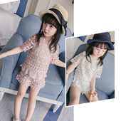 Елегантен дантелен летен комплект от 2 части за момичета - блуза с къс ръкав и къс панталон