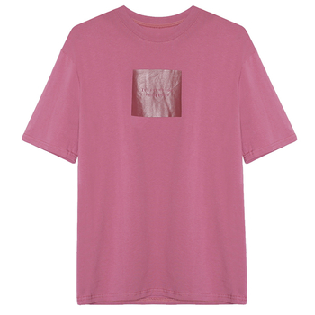 Καθημερινά μακρύ ροζ T-shirt με ενδιαφέρουσες επιγραφές στο πίσω μέρος