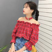 Страхотна дамска карирана блуза с паднало рамо и широк ръкав в два цвята