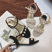 Ежедневни дамски сандали с перли и дебел ток