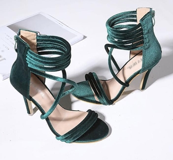 Елегантни велурени сандали на ток в тъмнозелен, черен и сив цвят
