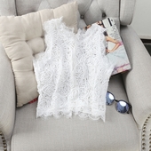 Дамски дантелен потник с О-образна яка, къс модел, в черен, бял и бежов цвят