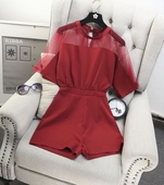 Дамски стилен гащеризон с висока талия, в черен, червен и бял цвят