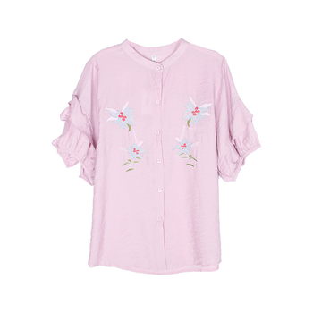 shirt Οι γυναίκες με μεγάλη 3/4 μανίκια και floral μοτίβα σε λευκό και ροζ