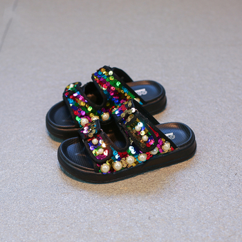 Лъскави детски чехли за момичета с мъниста в няколко цвята