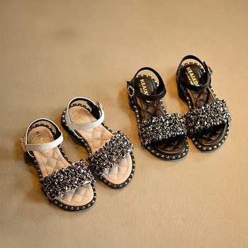 Красиви детски сандали - удобни, в черен и бежов цвят, с декорация - камъни