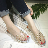 Ежедневни дамски чехли с перли в прозрачен цвят