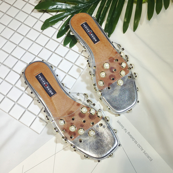 Ежедневни дамски чехли с перли в прозрачен цвят