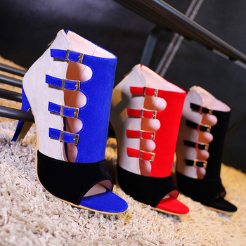 Красиви дамски сандали на висок ток, в черен, червен и син цвят