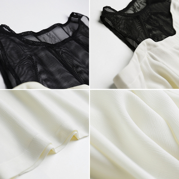 Κομψό κυρίες μπλούζα σε λευκό χρώμα με γυμνά ώμους και το μαύρο διαφανές τμήμα