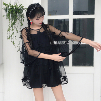 Дамска прозрачна рокля с дантела + потник в черен и бял цвят