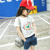 Модерна детска памучна тениска с къс ръкав за момичета с принт сърце