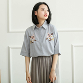 shirt Οι γυναίκες με μεγάλη 3/4 μανίκια, κεντημένα λουλούδια και ρίγες