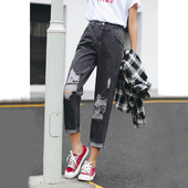 Μοντέρνα γυναικεία τζιν  Boyfriend σε γκρι χρώμα και σχισμένα με ψηλή μέση