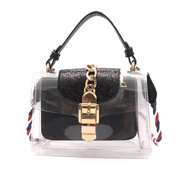 Модерна дамска чанта с прозрачно дъно и с две дръжки в черен, бежов и кафяв цвят