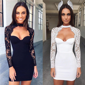 Πολύ απαλή βράδυ κυρίες φόρεμα σε μαύρο και άσπρο με μακριά μανίκια δαντέλα