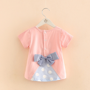 Сладка детска блуза за момичета в розов и бял цвят с панделка на гърба