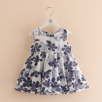 Детска широка рокля за момичета на цветя в син цвят