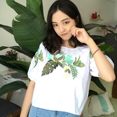 Φρέσκα κυρία μεγάλη μπλούζα με 3/4 μανίκια σε λευκό και κίτρινο με floral κεντήματα