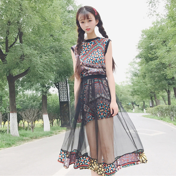 Καλοκαίρι κυρίες φόρεμα - floral μοτίβο με διάφανο πέπλο