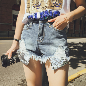 Стилни и модерни дамски къси панталони с джобове в пайети и висока талия