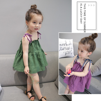 Широка детска рокля с тънки връзки в лилав и зелен цвят