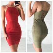 Впита по тялото дамска рокля с тънки презрамки и в 4 цвята