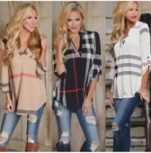 Ενδιαφέρουσες κυρία πλάτος και μακρά μπλούζα με V-λαιμό και 7/8 μανίκι