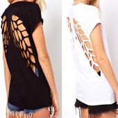 Μεγάλη καλοκαιρινή μπλούζα με κοντό μανίκι ενδιαφέρον σχέδιο στην πλάτη