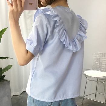 Лятна дамска блуза с 3/4 ръкав и дантела, в син и бял цвят