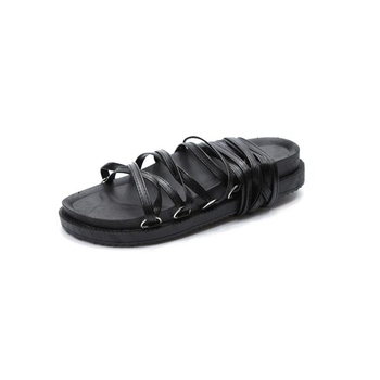 Красиви сандали за дамите с дълги кожеин връзки, в черен цвят
