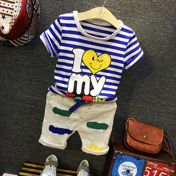 Детски комплект за момчета - панталон с цветни мотиви и раирана блуза в син цвят, с надпис