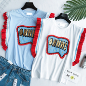 Καλοκαίρι κυρίες μπλούζα με κροσσώδης μανίκια σε λευκό και μπλε