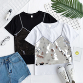 Κομψό κυρίες μπλούζα σε λευκό και μαύρο γιλέκο με απομίμηση πούλιες