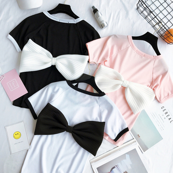Φρέσκα κυρίες μπλούζα με 3D διακόσμηση κορδέλα σε λευκό, μαύρο και ροζ