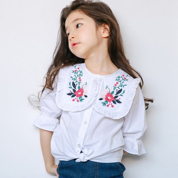 Стилна детска риза за момичета в бял цвят с бродерия, в 2 модела - на райе и без райе