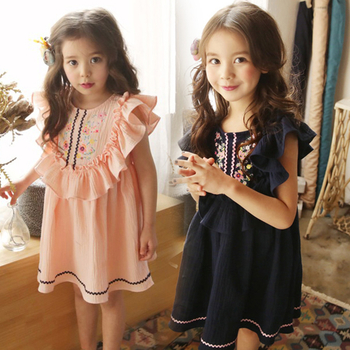 Καλοκαίρι φόρεμα για κορίτσια με κέντημα σε ναυτικό μπλε και ροζ