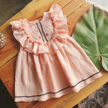 Лятна детска рокля за момичета с бродерия в тъмносин и розов цвят