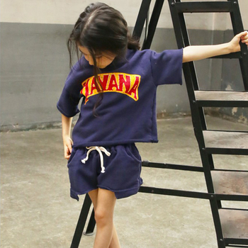 Спортен детски комплект за момичета в широк модел, в син и жълт цвят