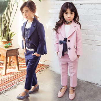 Стилен детски костюм за момичета  в тъмносин и розов цвят