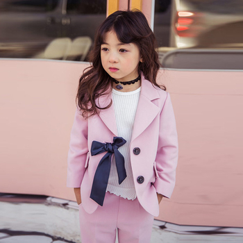 Стилен детски костюм за момичета  в тъмносин и розов цвят